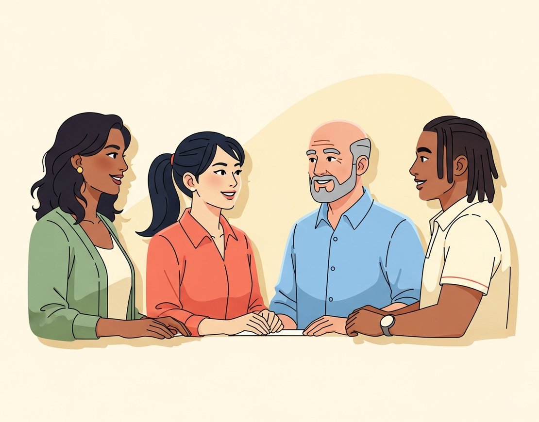 Illustration of business professionals collaborating around a table