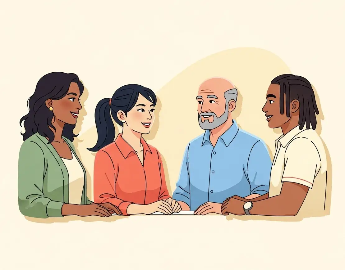 Illustration of business professionals collaborating around a table